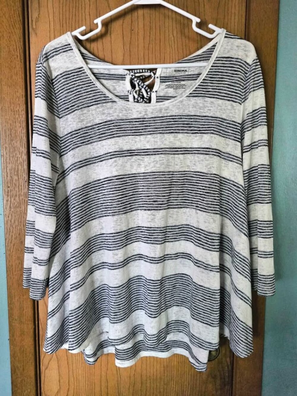 Size L Navy Blue & White Striped Sonoma Laced Back Flowy Shirt Top